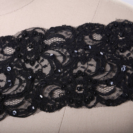 Black Beaded Alencon Lace Trim 3.75in