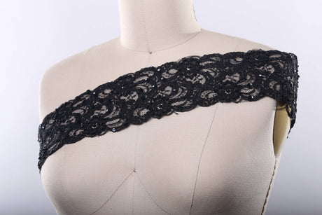 Black Beaded Alencon Lace Trim 3.75in