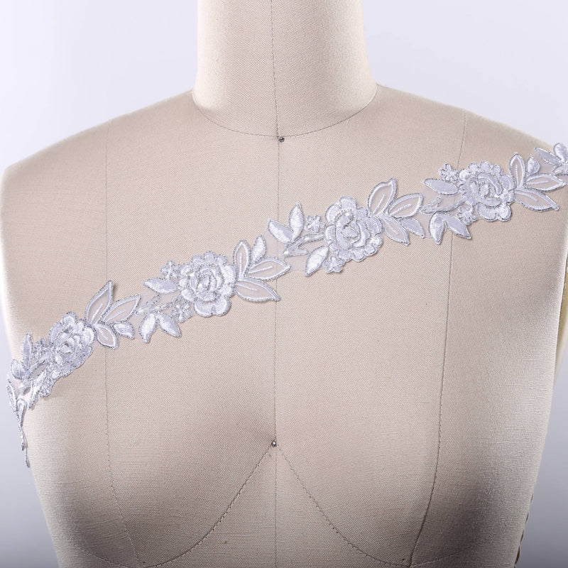 Bridal Lace Trim White Silver Beaded 1.5in