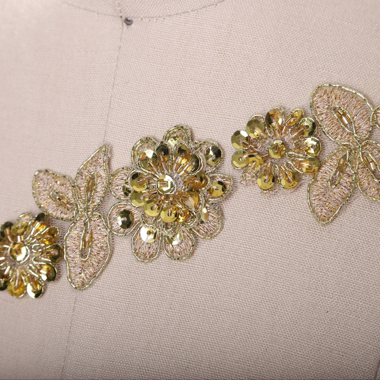 Gold Beaded 3D Flower Lace Trim