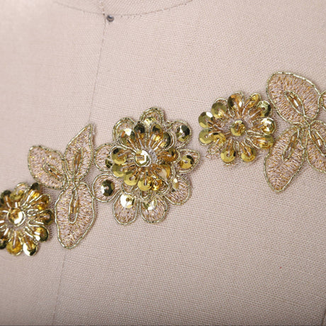 Gold Beaded 3D Flower Lace Trim