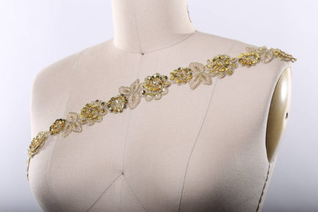 Gold Beaded 3D Flower Lace Trim