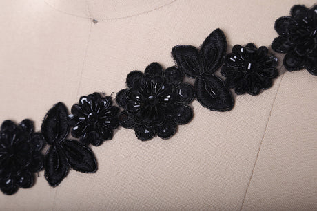 Beaded Lace Trim Black 1.75" 3D Flower Leaf