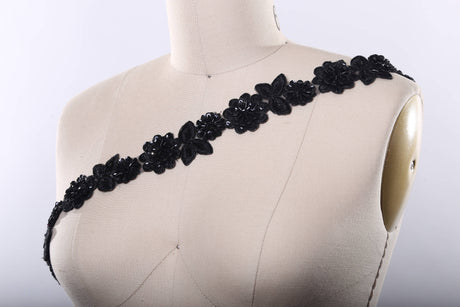Beaded Lace Trim Black 1.75" 3D Flower Leaf