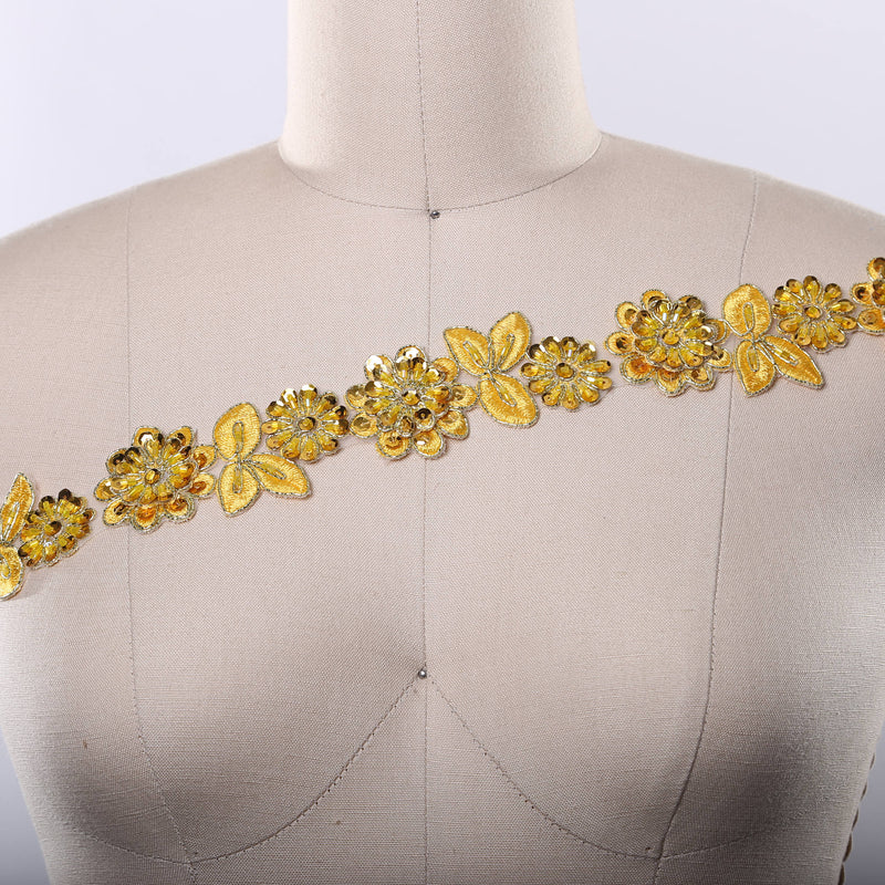 Beaded Lace Trim Yellow Floral 1.75in