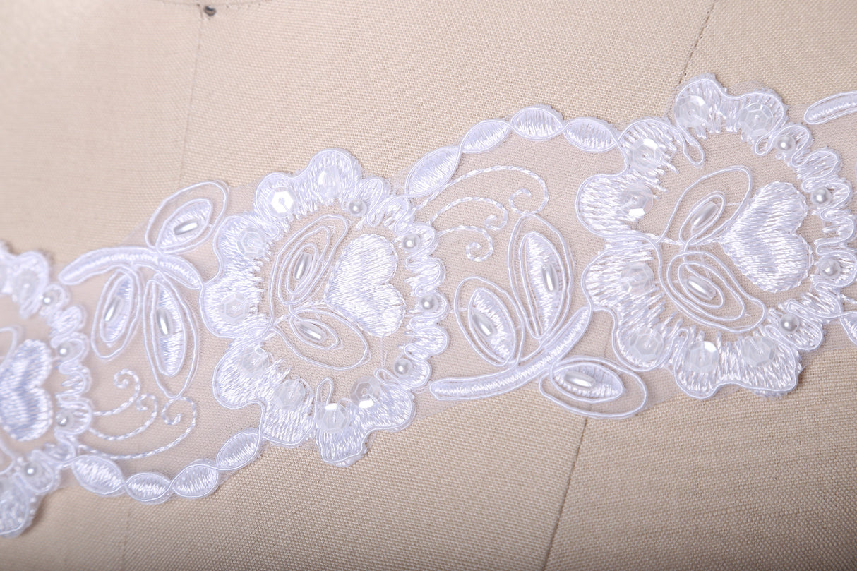Beaded Bridal Lace Trim White Floral Chiffon