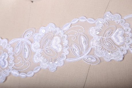 Beaded Bridal Lace Trim White Floral Chiffon