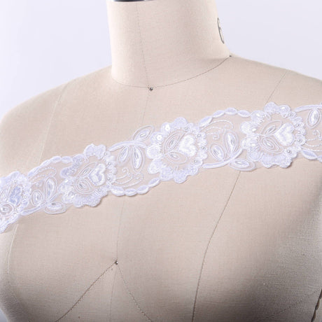 Beaded Bridal Lace Trim White Floral Chiffon