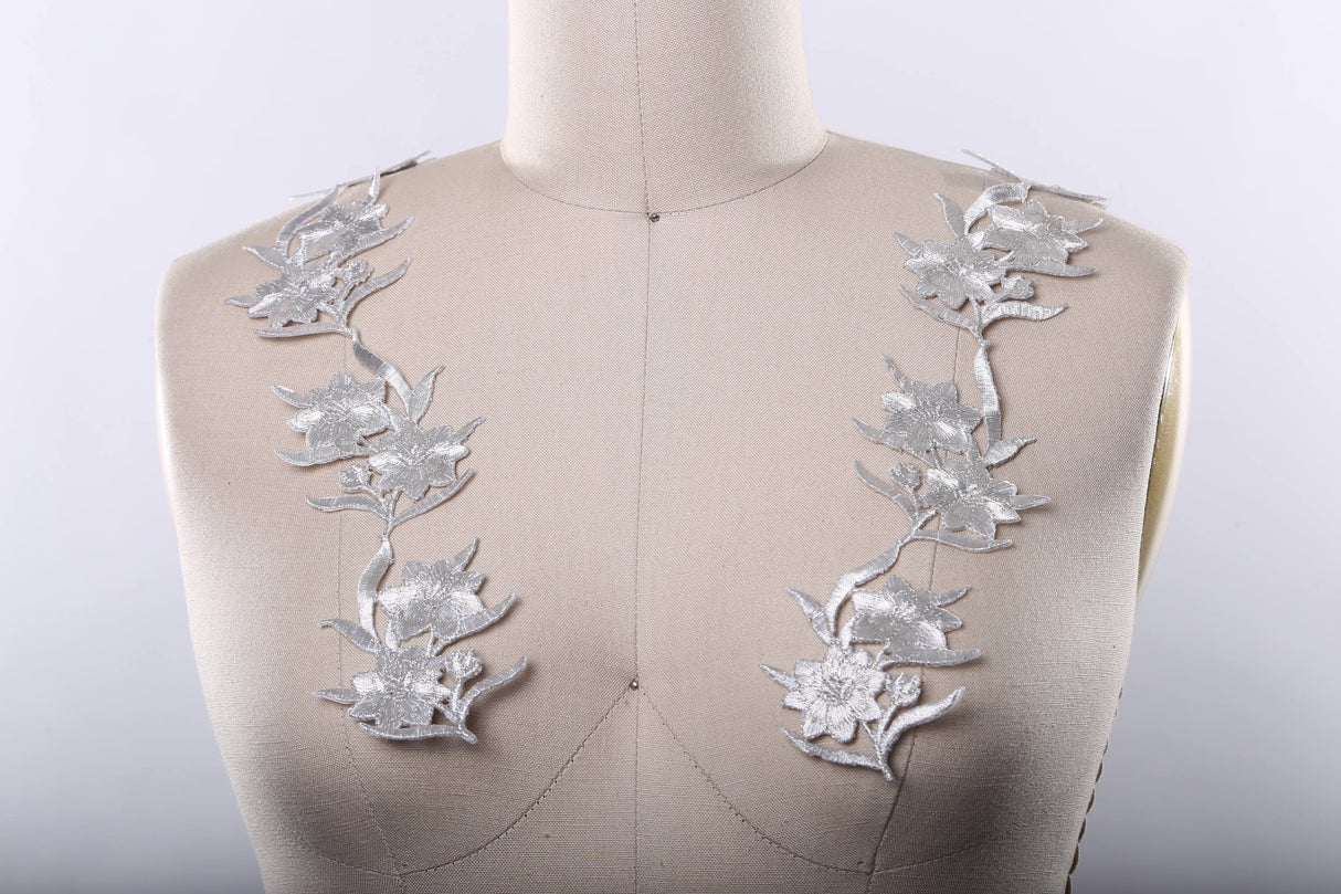 Embroidered Silver Flower Patch Applique