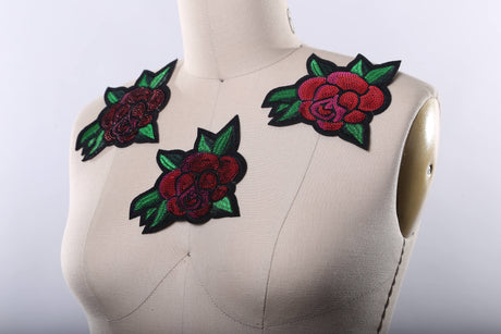 Sequined Rose Patch Red Green Iron-On
