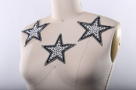 Star Patch Black White Pearl Rhinestone 5in