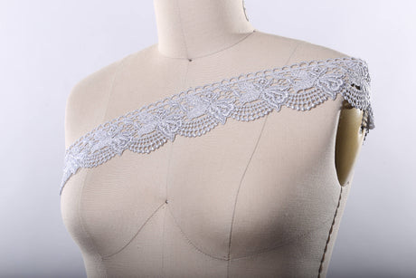 Venice Lace Trim Metallic Silver Rose Motif