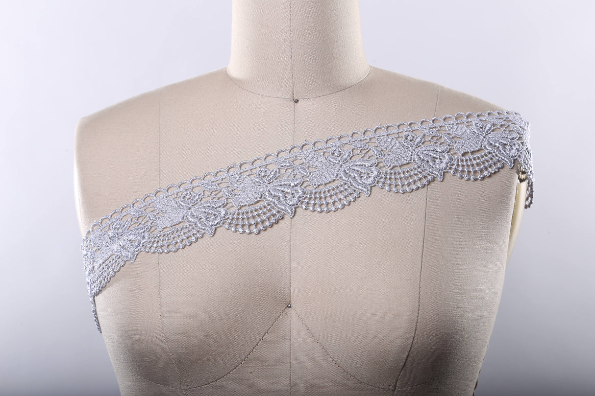 Venice Lace Trim Metallic Silver Rose Motif