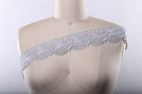 Venice Lace Trim Metallic Silver Rose Motif