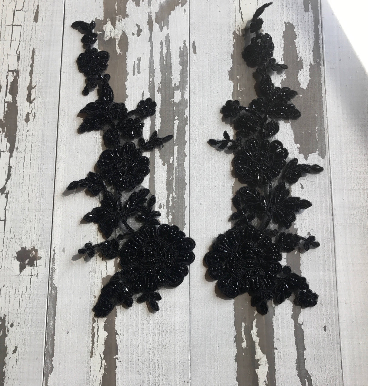 Beaded Lace Flower Applique Pair Black