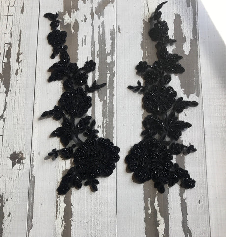 Beaded Lace Flower Applique Pair Black
