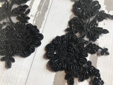 Beaded Lace Flower Applique Pair Black