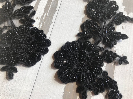 Beaded Lace Flower Applique Pair Black