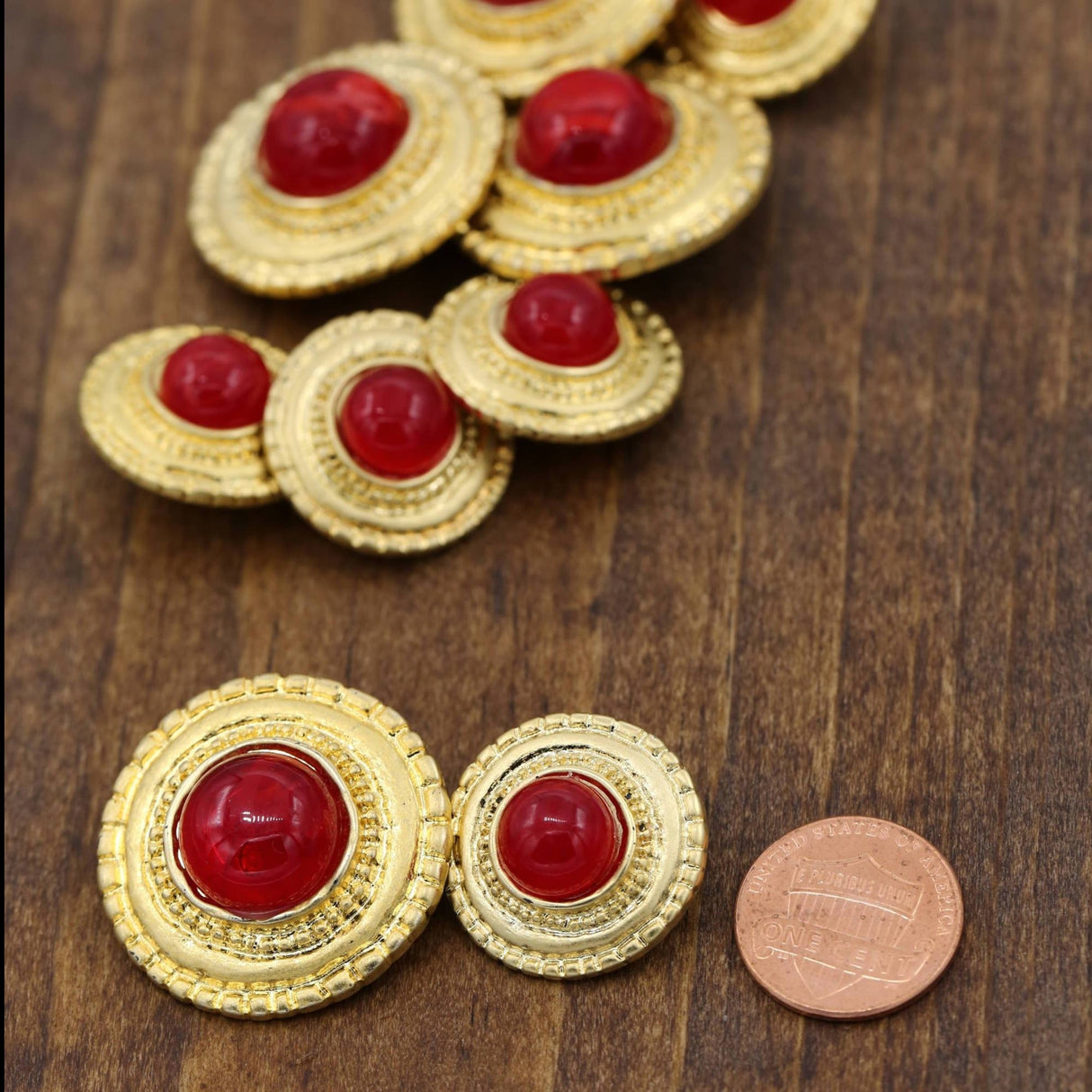 Decorative Shank Button Red Gold Plastic