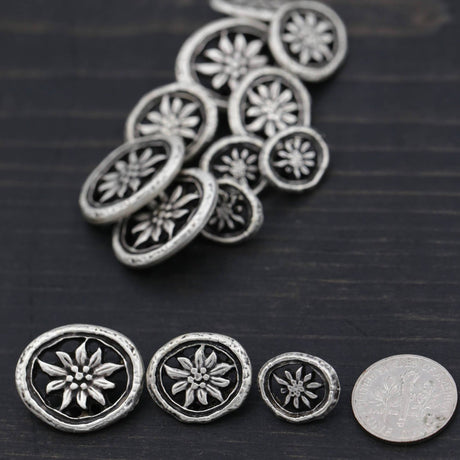 Oval Silver Metal Button Rustic Flower