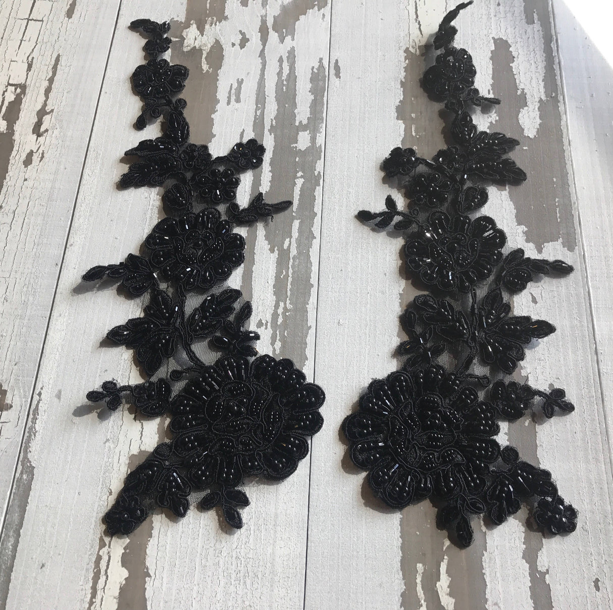 Beaded Lace Flower Applique Pair Black