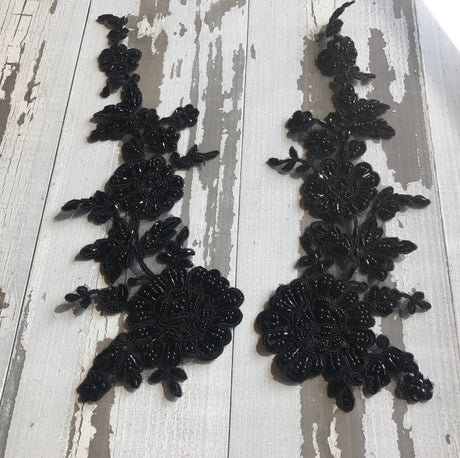 Beaded Lace Flower Applique Pair Black
