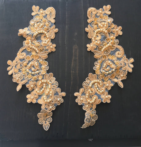 Beaded Lace Applique Pair Tan Gold