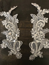 Lace Applique Pair Gray Silver Pearls