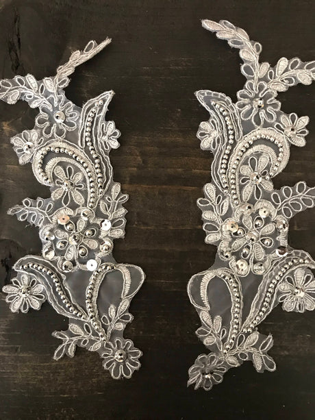 Lace Applique Pair Gray Silver Pearls