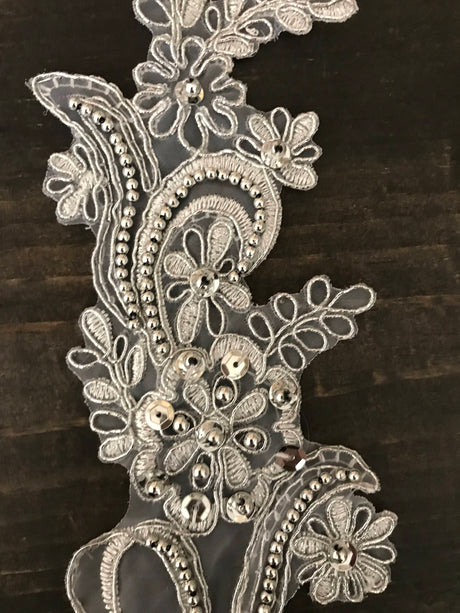 Lace Applique Pair Gray Silver Pearls