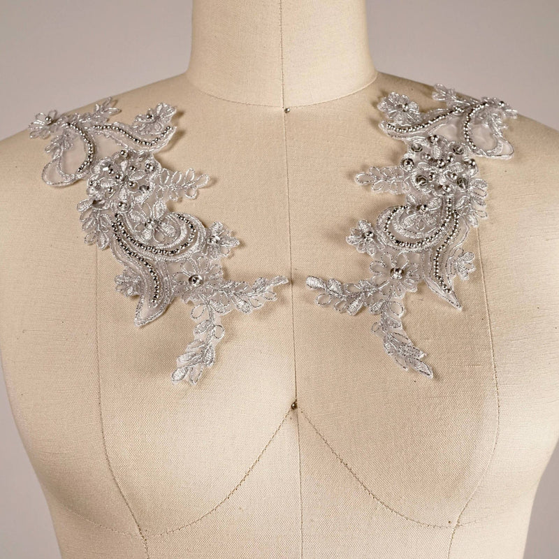 Lace Applique Pair Gray Silver Pearls