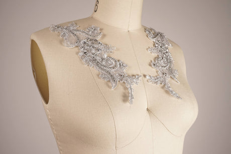 Lace Applique Pair Gray Silver Pearls