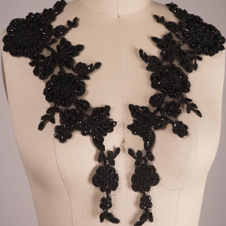Beaded Lace Flower Applique Pair Black