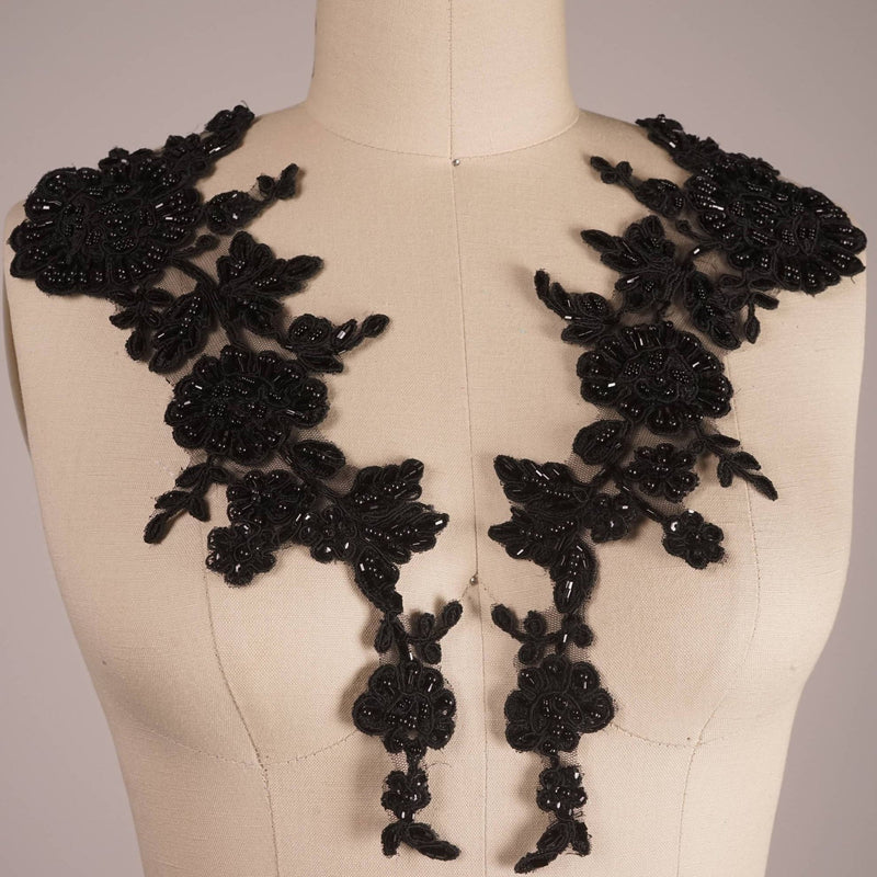 Beaded Lace Flower Applique Pair Black