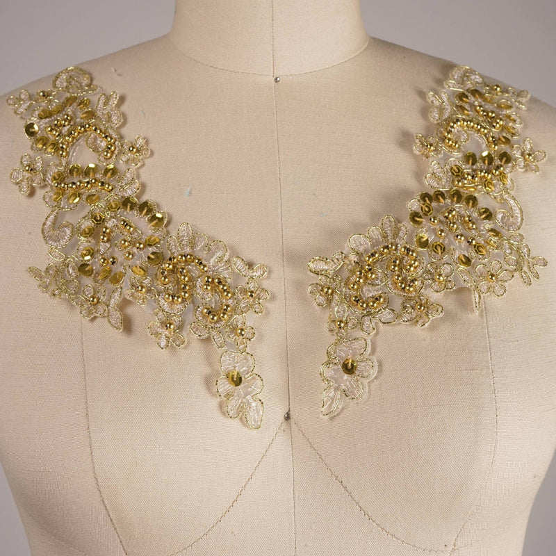 Gold Beaded Lace Applique Pair
