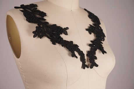 Beaded Lace Applique Pair Black