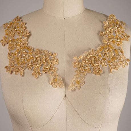 Beaded Lace Applique Pair Tan Gold