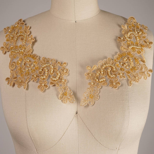 Beaded Lace Applique Pair Tan Gold
