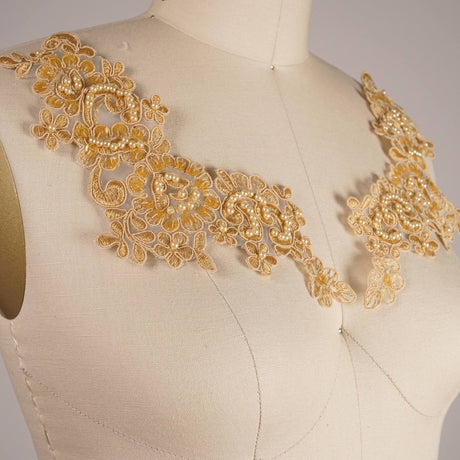 Beaded Lace Applique Pair Tan Gold