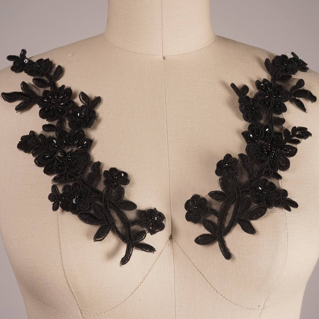 Beaded Lace Applique Pair Black