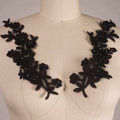 Beaded Lace Applique Pair Black