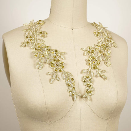 Gold Sequin Beaded Flower Applique Pair