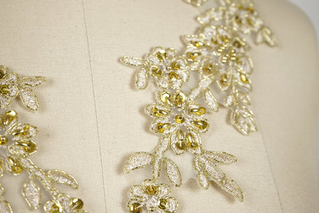 Gold Sequin Beaded Flower Applique Pair