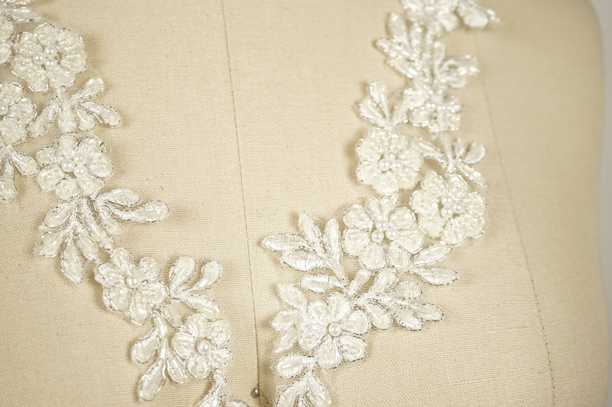 Bridal Applique Ivory Silver Beaded Flowers