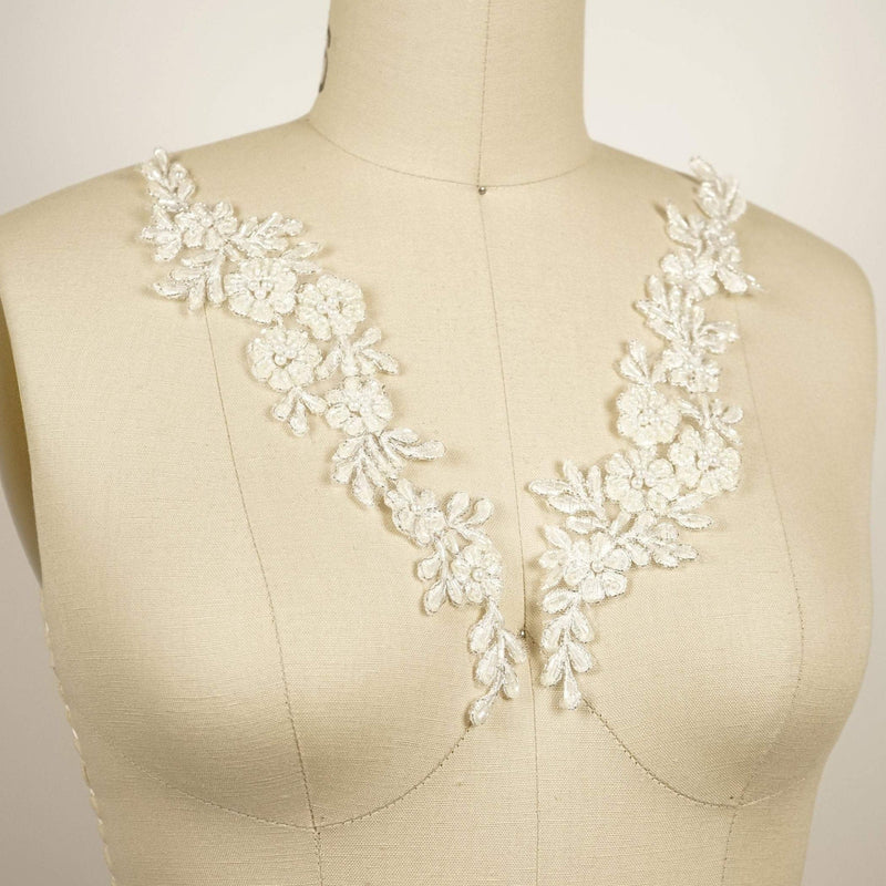 Bridal Applique Ivory Silver Beaded Flowers