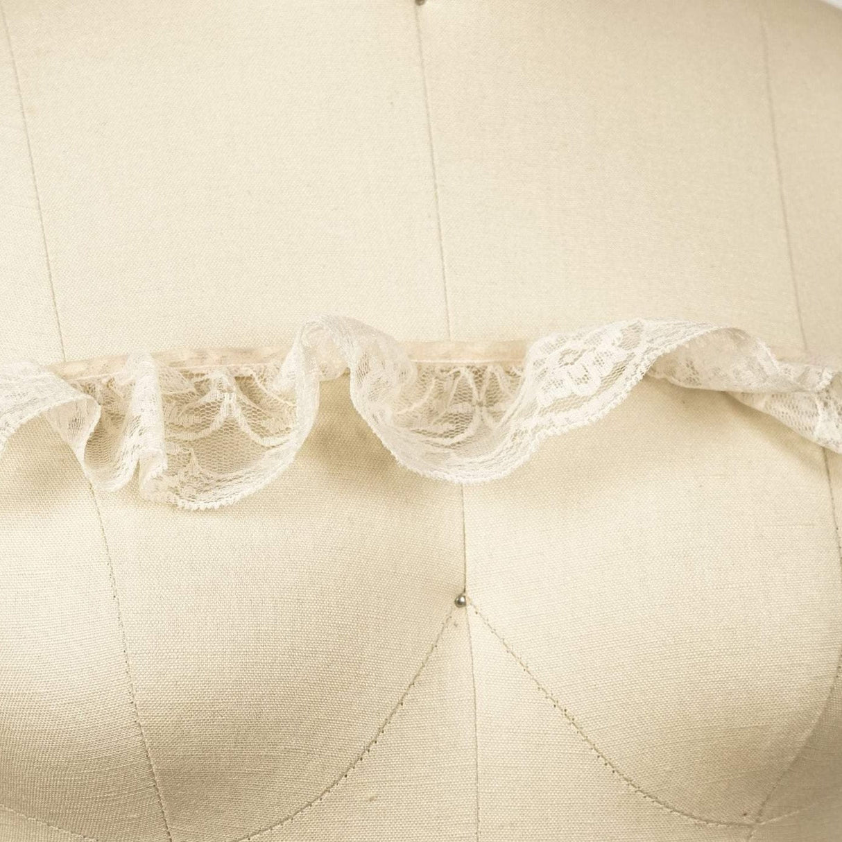 Ruffle Satin Trim Beige Lace Overlay