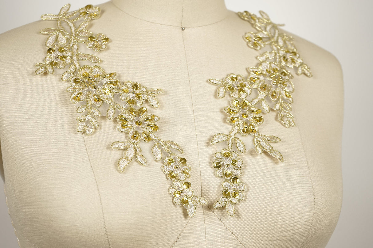Gold Sequin Beaded Flower Applique Pair