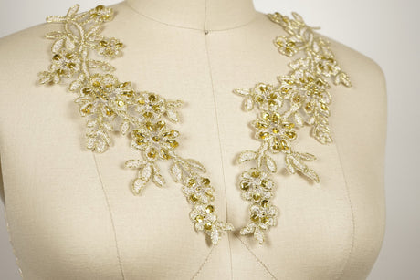 Gold Sequin Beaded Flower Applique Pair