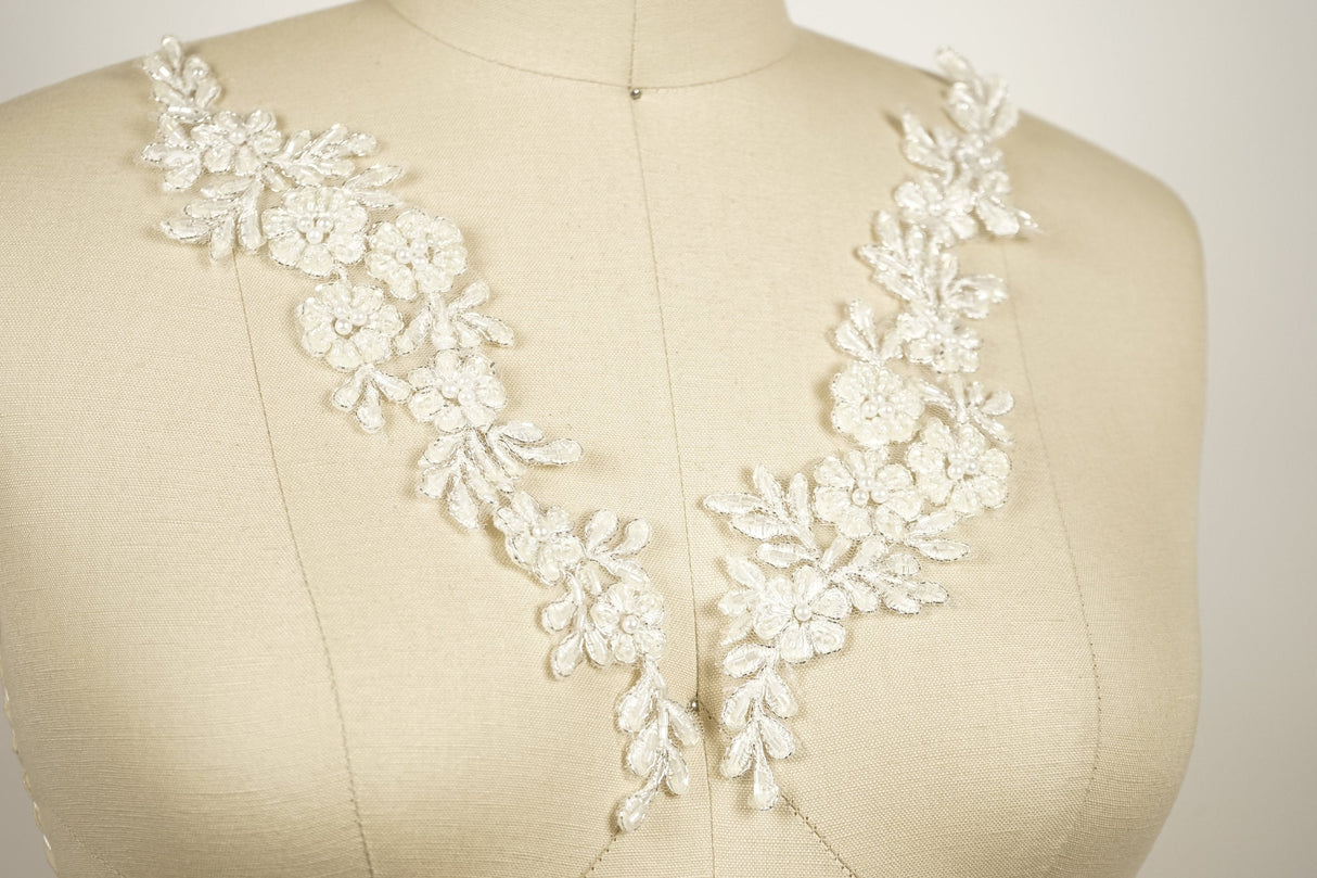 Bridal Applique Ivory Silver Beaded Flowers