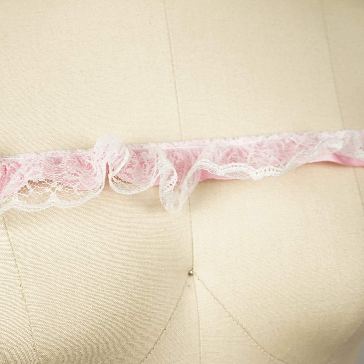 Ruffle Satin Trim Baby Pink Lace Overlay
